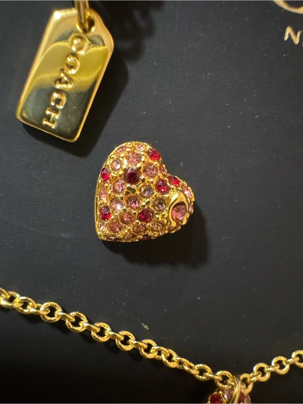 Coach Gold-Tone Red Crystal Heart Necklace & Stud Earrings